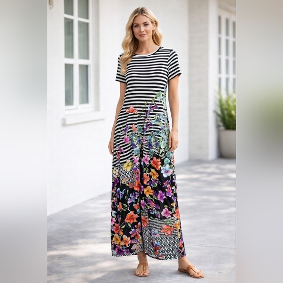 Trulli Dresses & Skirts - Trulli rouched whimsical floral patchwork maxi dress stretch artsy fairy large